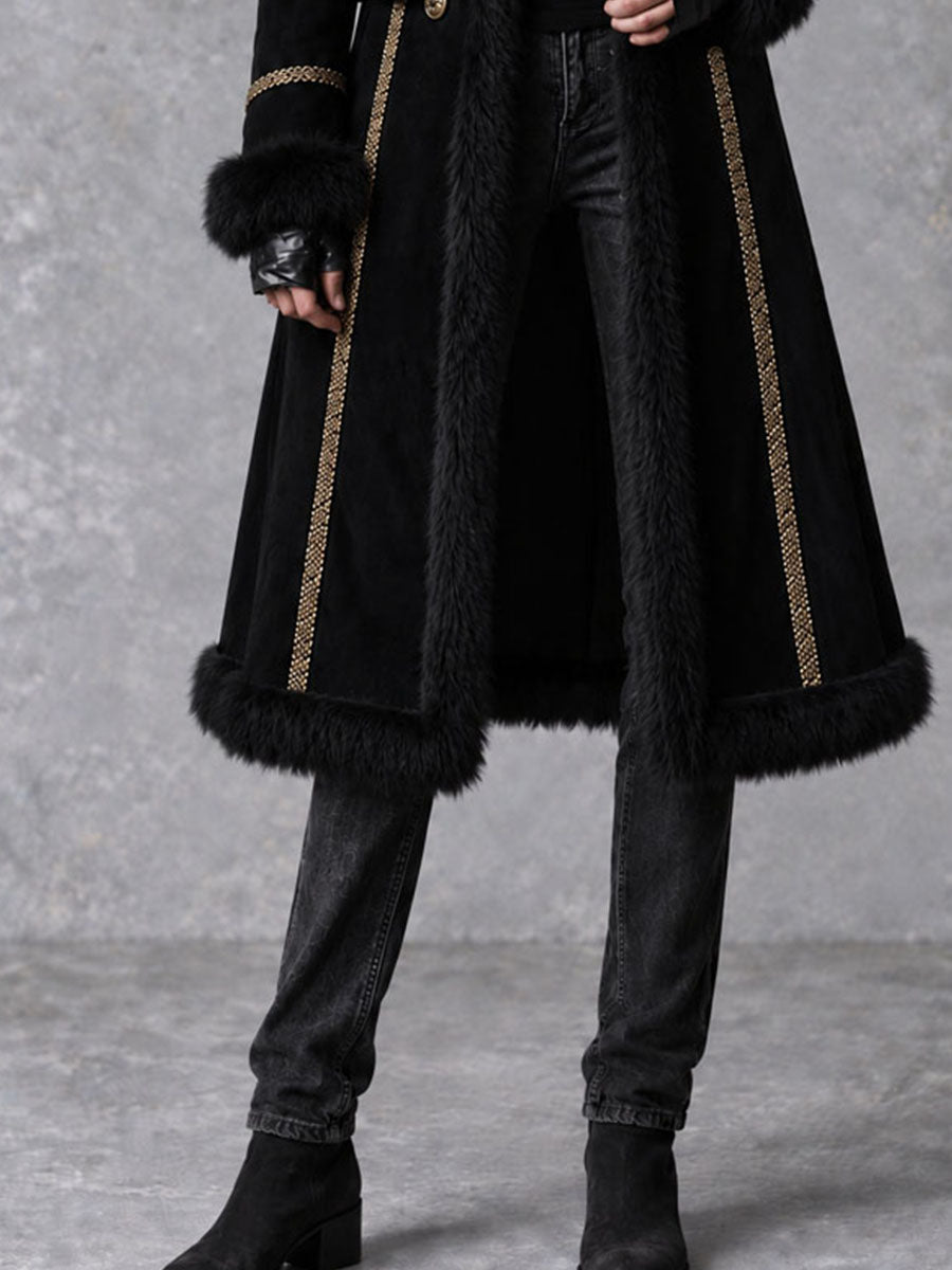 Vintage Gothic Fur Trim Black Suede Long Coat With Double Breasted