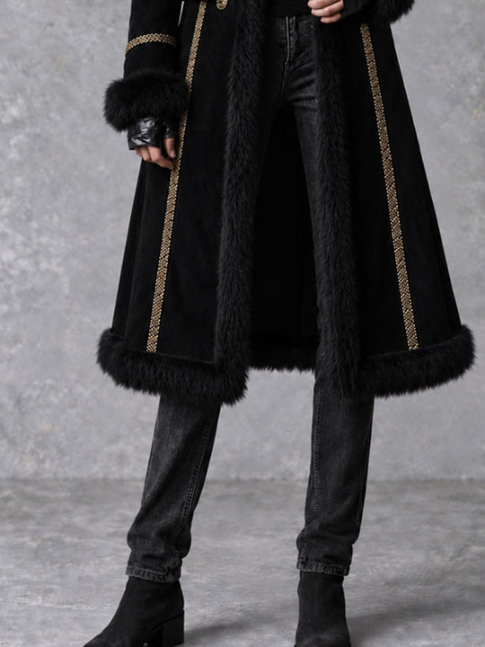 Vintage Gothic Fur Trim Black Suede Long Coat With Double Breasted