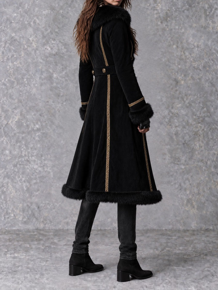 Vintage Gothic Fur Trim Black Suede Long Coat With Double Breasted