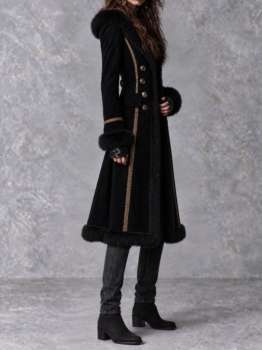 Vintage Gothic Fur Trim Black Suede Long Coat With Double Breasted