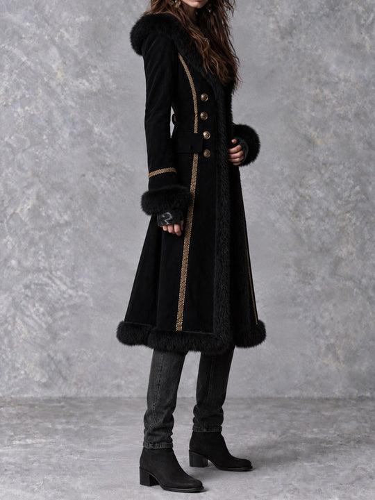 Vintage Gothic Fur Trim Black Suede Long Coat With Double Breasted