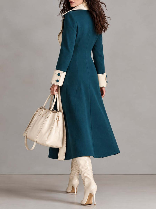 Women's Elegant Contrast Trim Long Trench Suede Coat