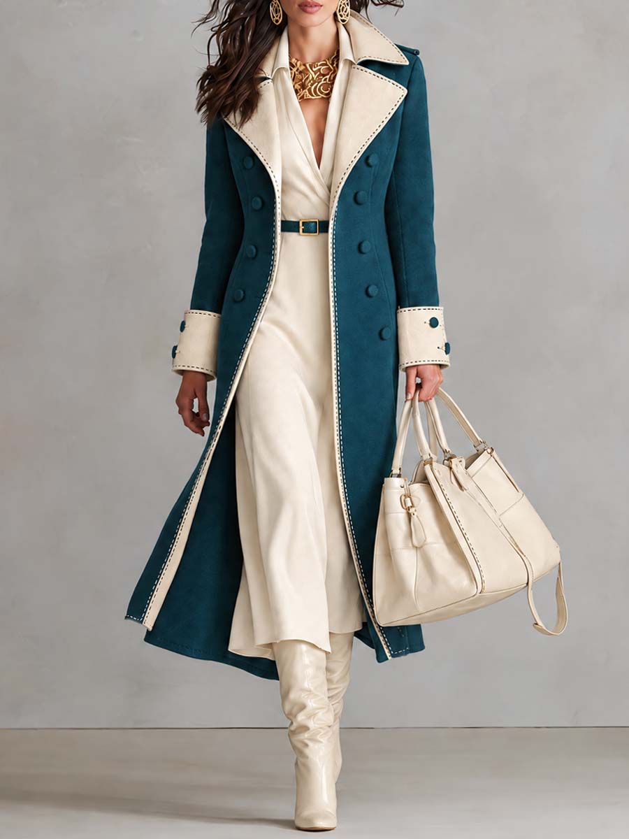 Women's Elegant Contrast Trim Long Trench Suede Coat