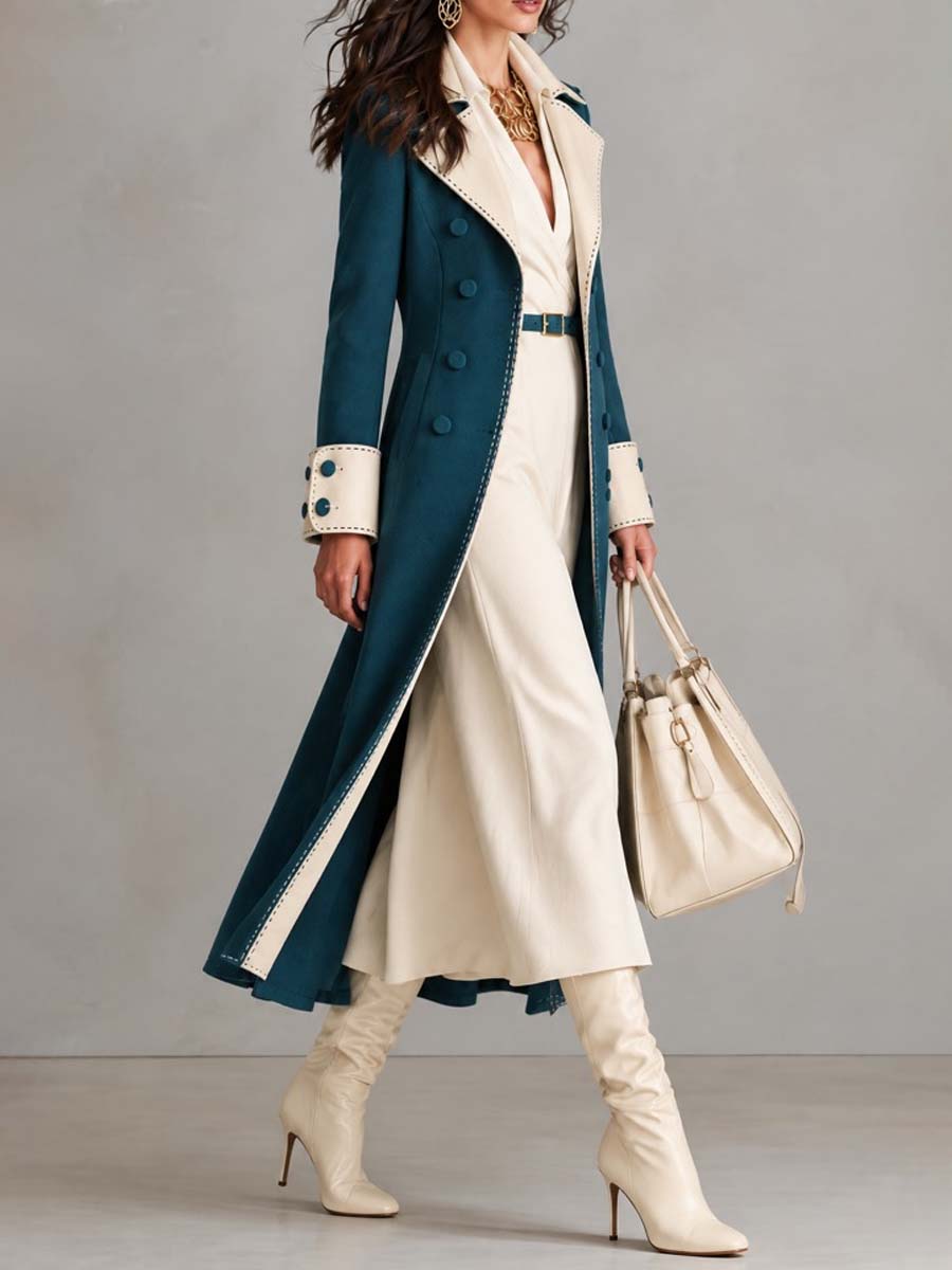 Women's Elegant Contrast Trim Long Trench Suede Coat