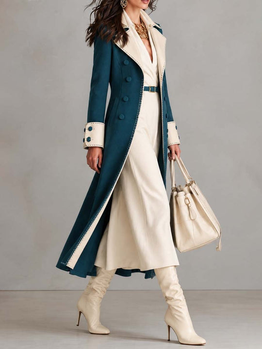 Women's Elegant Contrast Trim Long Trench Suede Coat