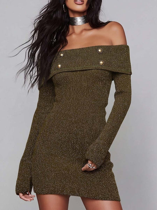 Off Shoulder Ribbed Knit Sweater Mini Dress with Button Detail