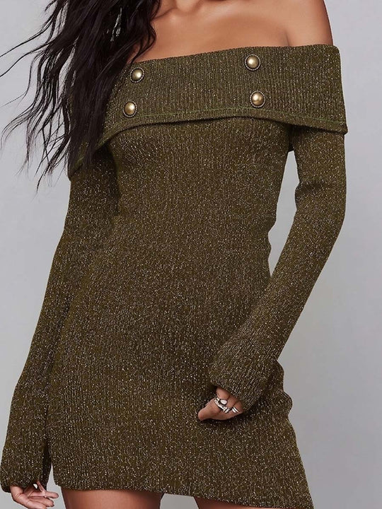 Off Shoulder Ribbed Knit Sweater Mini Dress with Button Detail