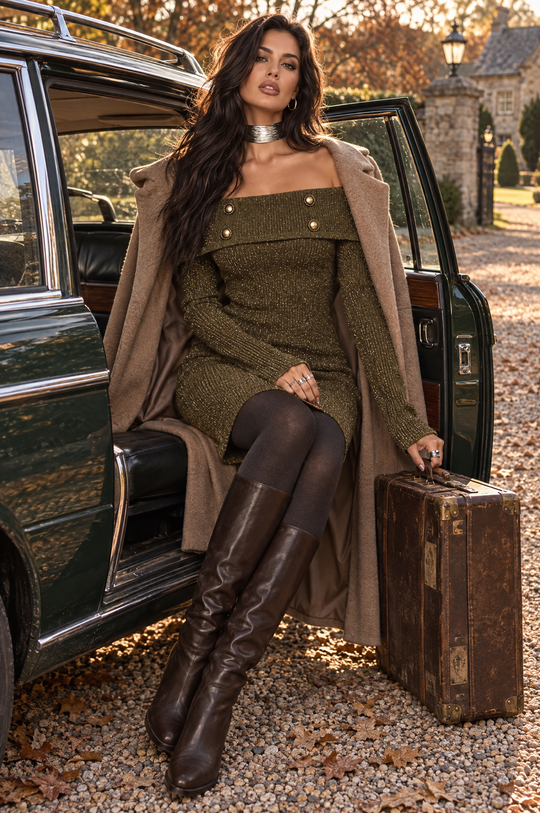 Off Shoulder Ribbed Knit Sweater Mini Dress with Button Detail