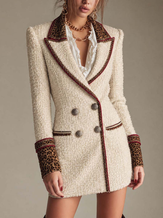 Leopard Trim Tweed Blazer Mini Dress with Gold Chain Detail