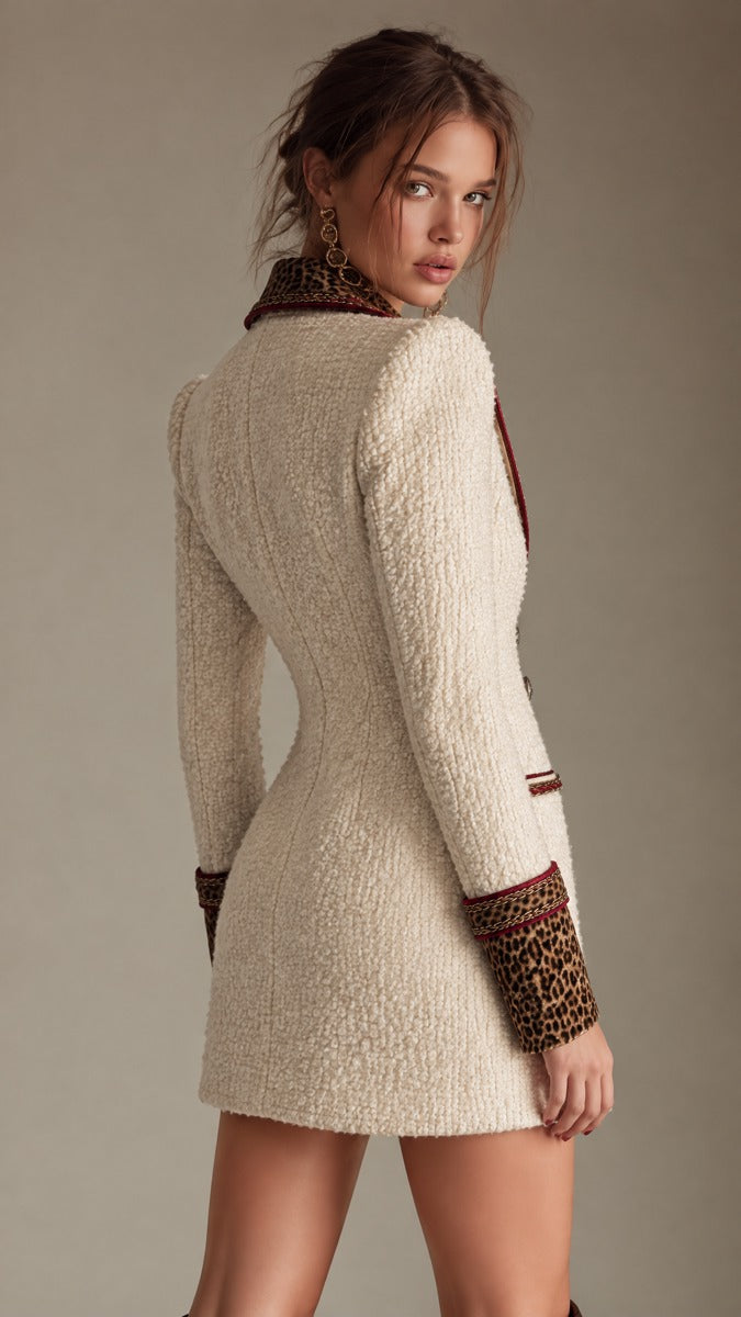 Leopard Trim Tweed Blazer Mini Dress with Gold Chain Detail