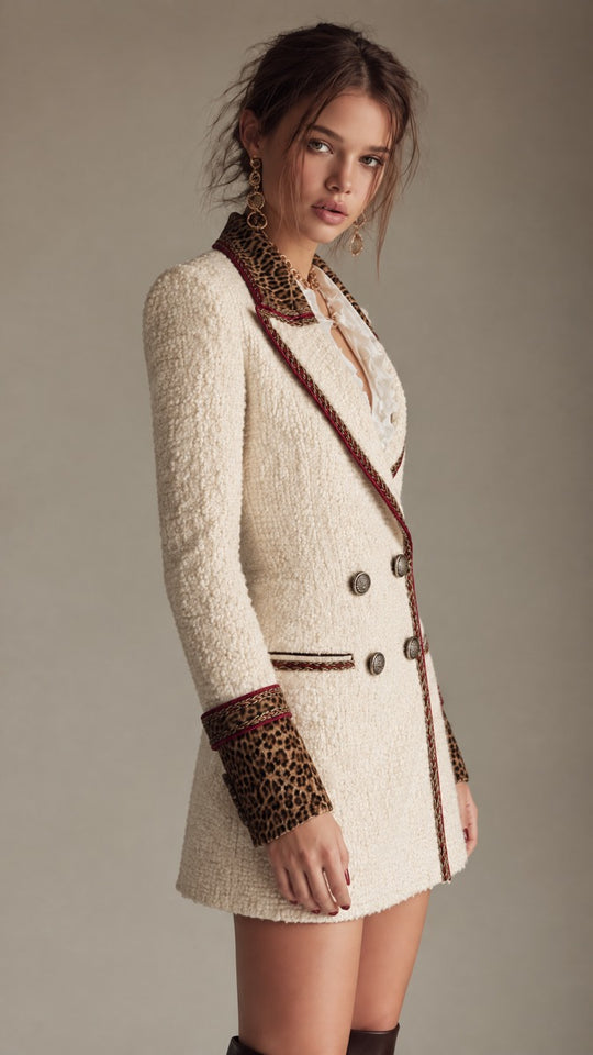 Leopard Trim Tweed Blazer Mini Dress with Gold Chain Detail