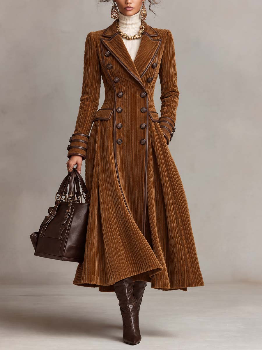 Women's Double-Breasted Corduroy Long Coat with Leather Trim