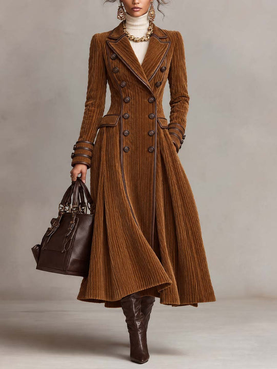 Women's Double-Breasted Corduroy Long Coat with Leather Trim