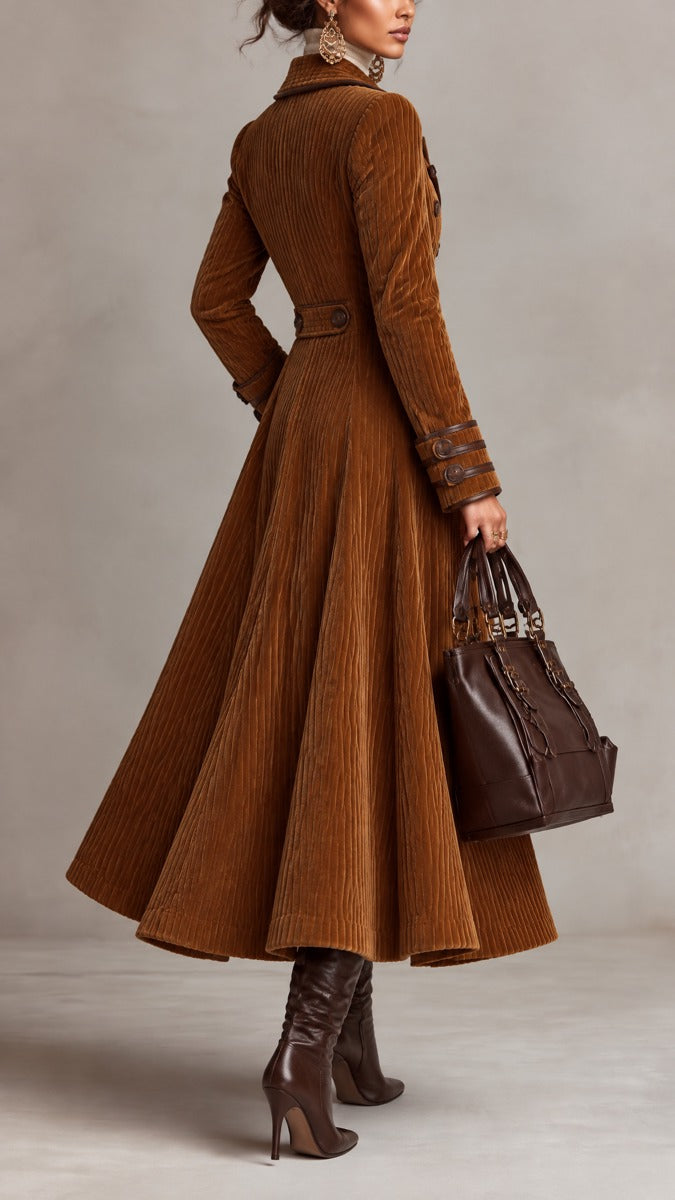 Women's Double-Breasted Corduroy Long Coat with Leather Trim