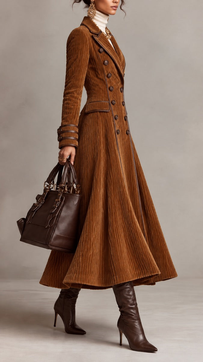 Women's Double-Breasted Corduroy Long Coat with Leather Trim