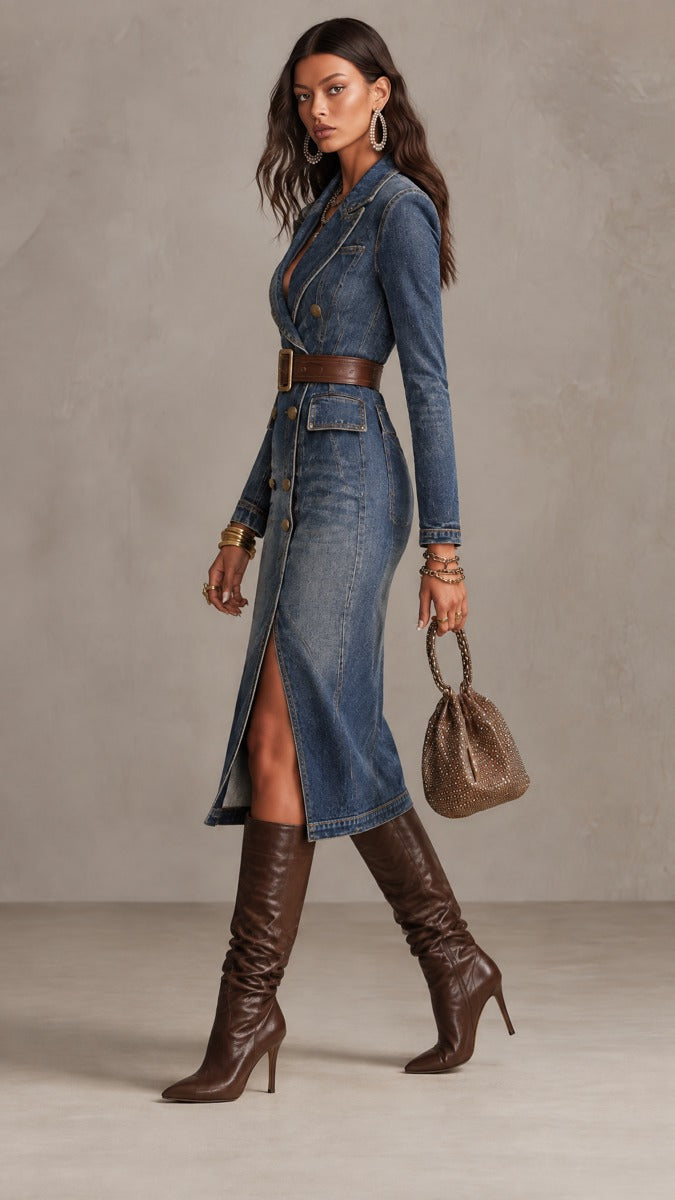 Women's Denim Blazer Midi Dress with Belt - Double Breasted Front Slit Long Sleeve