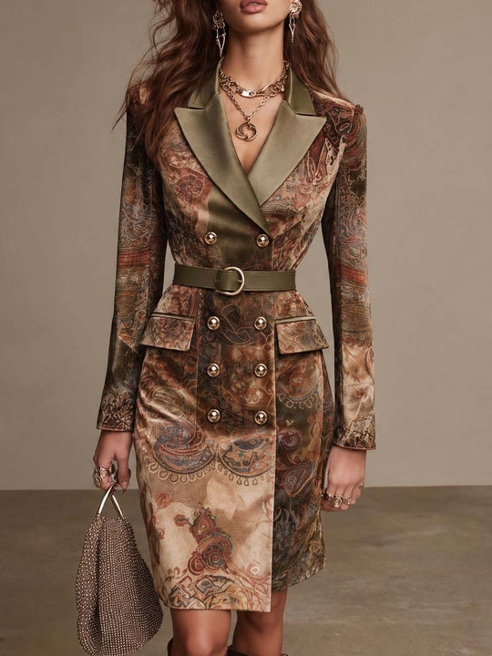 Vintage Paisley Print Double-Breasted Blazer Dress with Satin Lapel & Belt