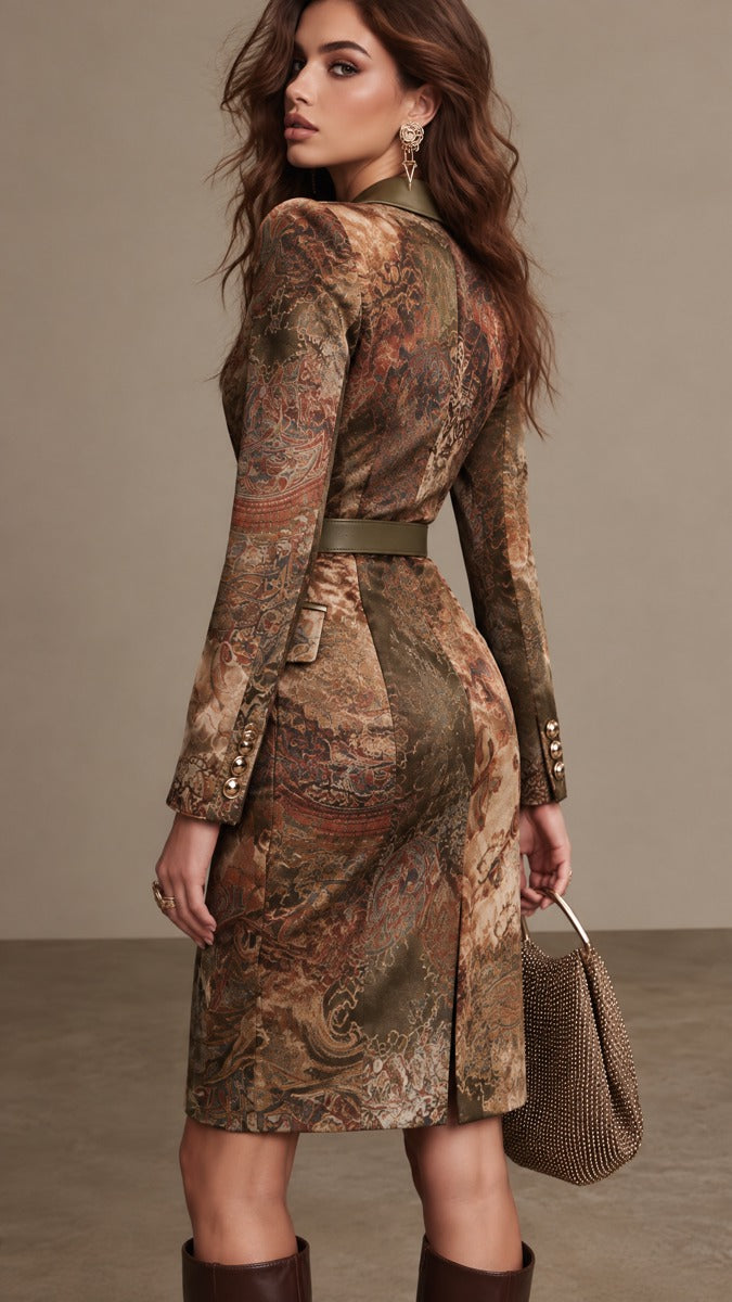 Vintage Paisley Print Double-Breasted Blazer Dress with Satin Lapel & Belt