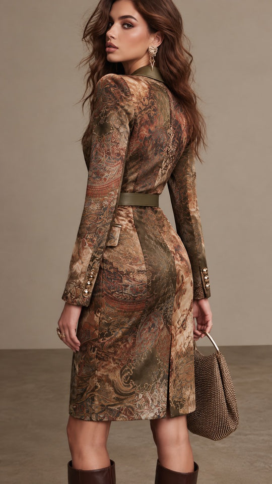 Vintage Paisley Print Double-Breasted Blazer Dress with Satin Lapel & Belt