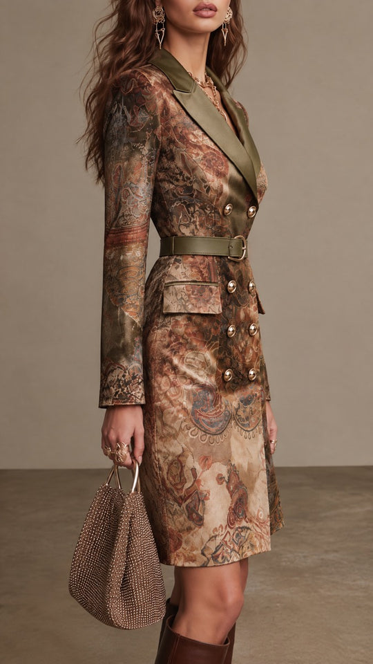 Vintage Paisley Print Double-Breasted Blazer Dress with Satin Lapel & Belt