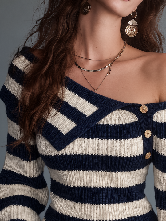 Casual Navy Striped Off-Shoulder Knit Sweater