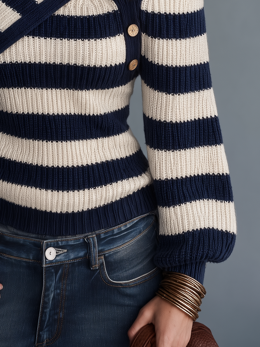 Casual Navy Striped Off-Shoulder Knit Sweater