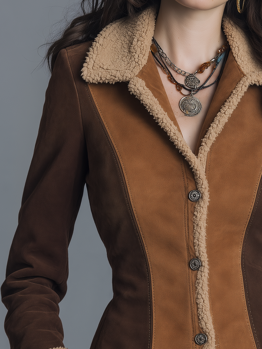 Vintage Brown Colorblock Shearling-Trim Jacket