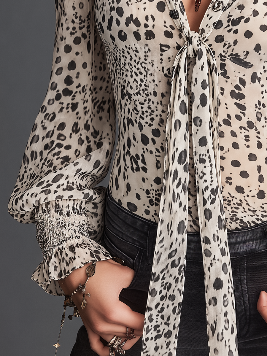 Romantic Ivory Animal Print Ruffle Tie-Neck Blouse