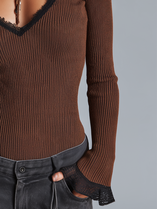Vintage Rust Brown Mesh Cutout Ribbed Knit Top