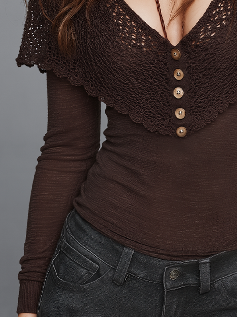 Bohemian Chocolate Brown Crochet Cape-Trim Top