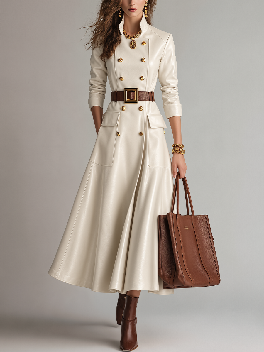 Refined Ivory Double-Breasted Belted Coat Dress