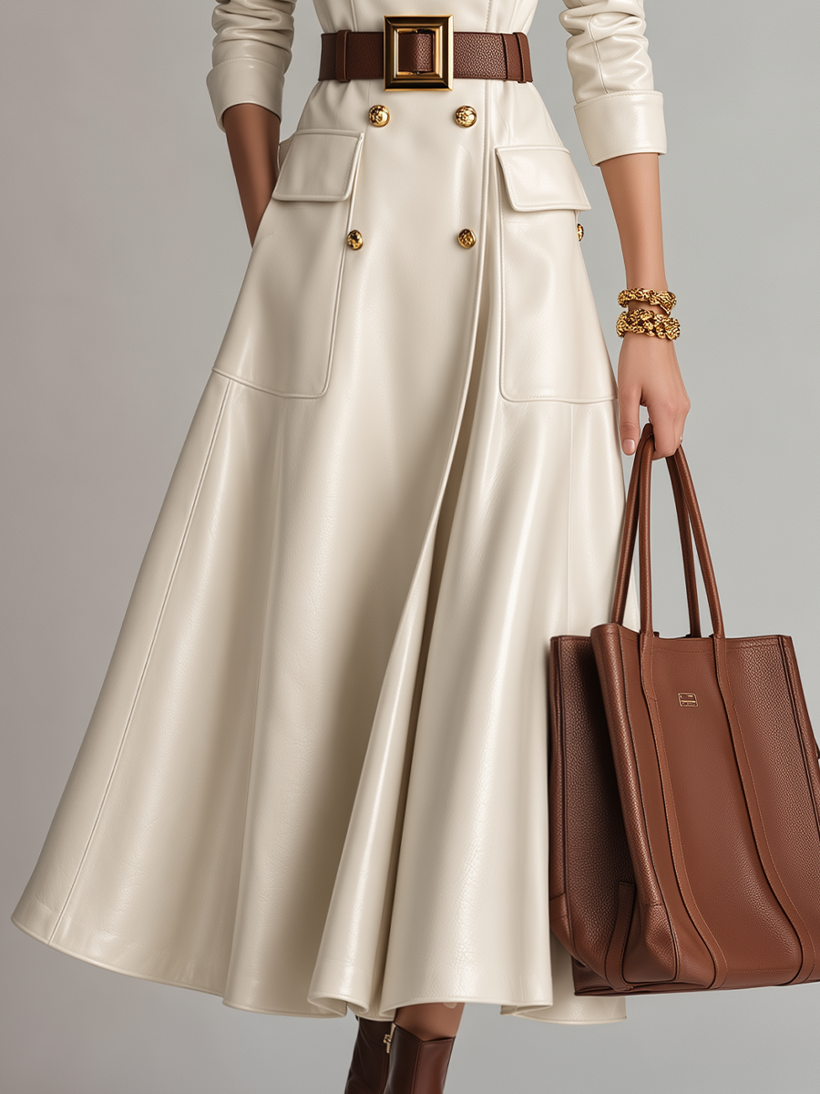 Refined Ivory Double-Breasted Belted Coat Dress