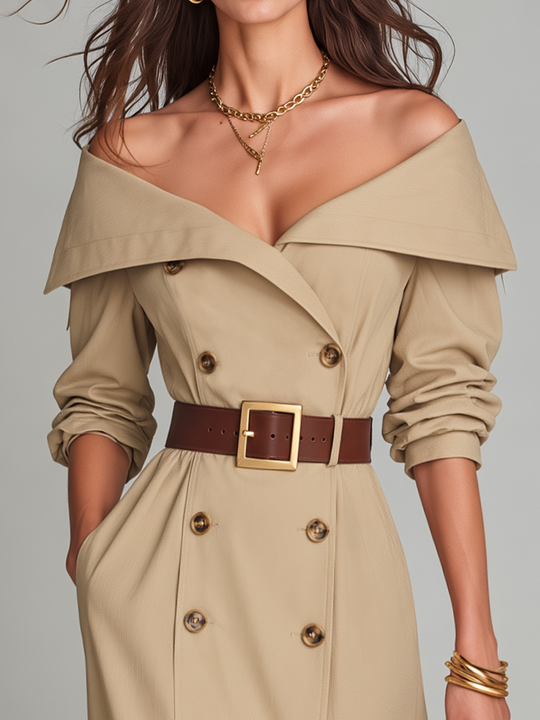 Elegant Beige Off-Shoulder Belted Trench Coat