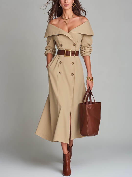 Elegant Beige Off-Shoulder Belted Trench Coat