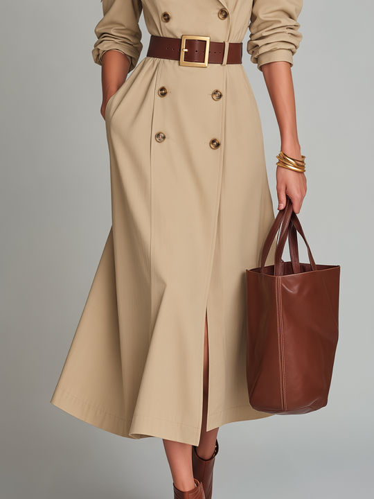 Elegant Beige Off-Shoulder Belted Trench Coat