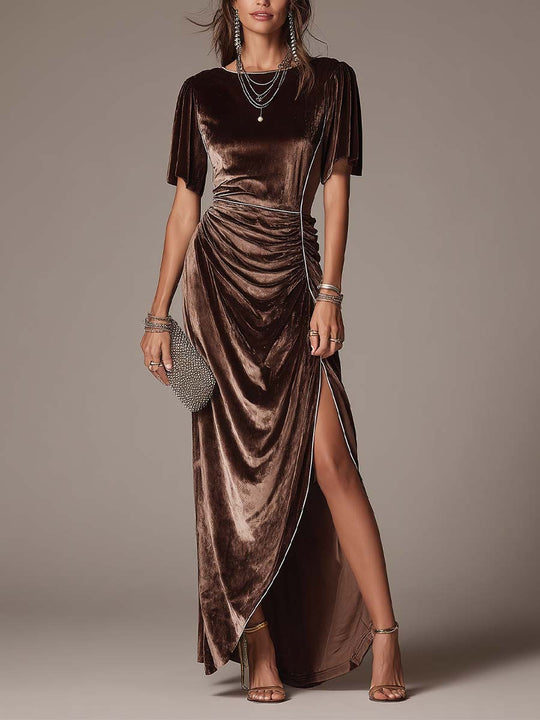 Elegant Velvet Gown With Flutter Sleeves And Contrasting Trim.