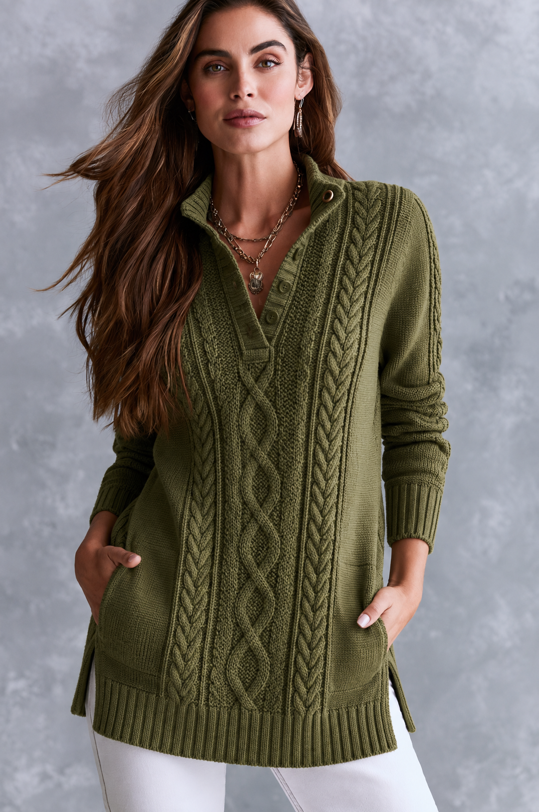 Vintage Stand Collar American Cable Knit Henley Sweater With Pockets
