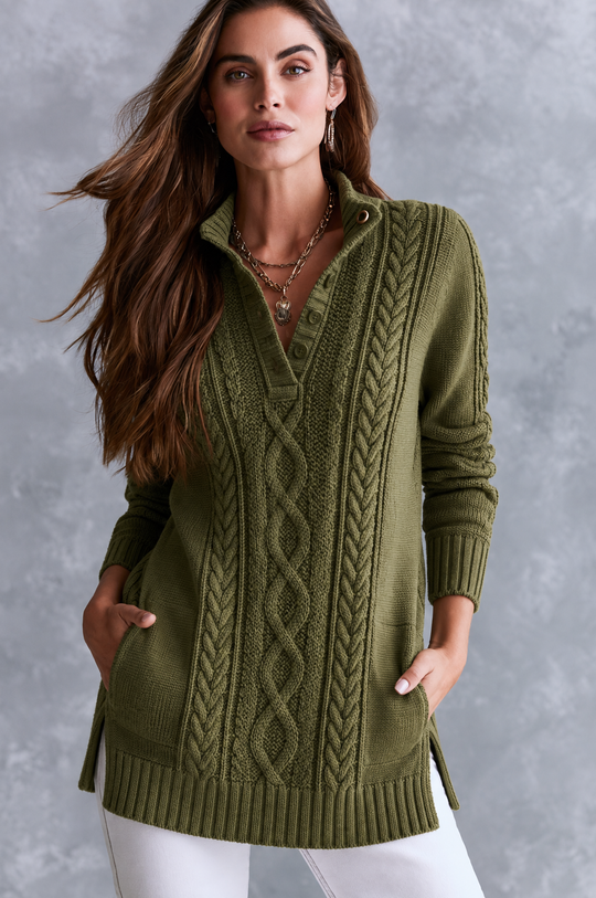 Vintage Stand Collar American Cable Knit Henley Sweater With Pockets