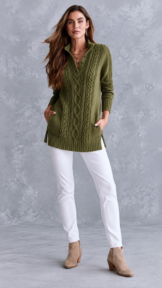 Vintage Stand Collar American Cable Knit Henley Sweater With Pockets