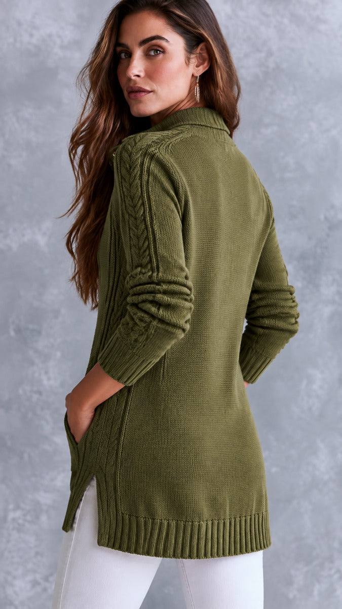 Vintage Stand Collar American Cable Knit Henley Sweater With Pockets