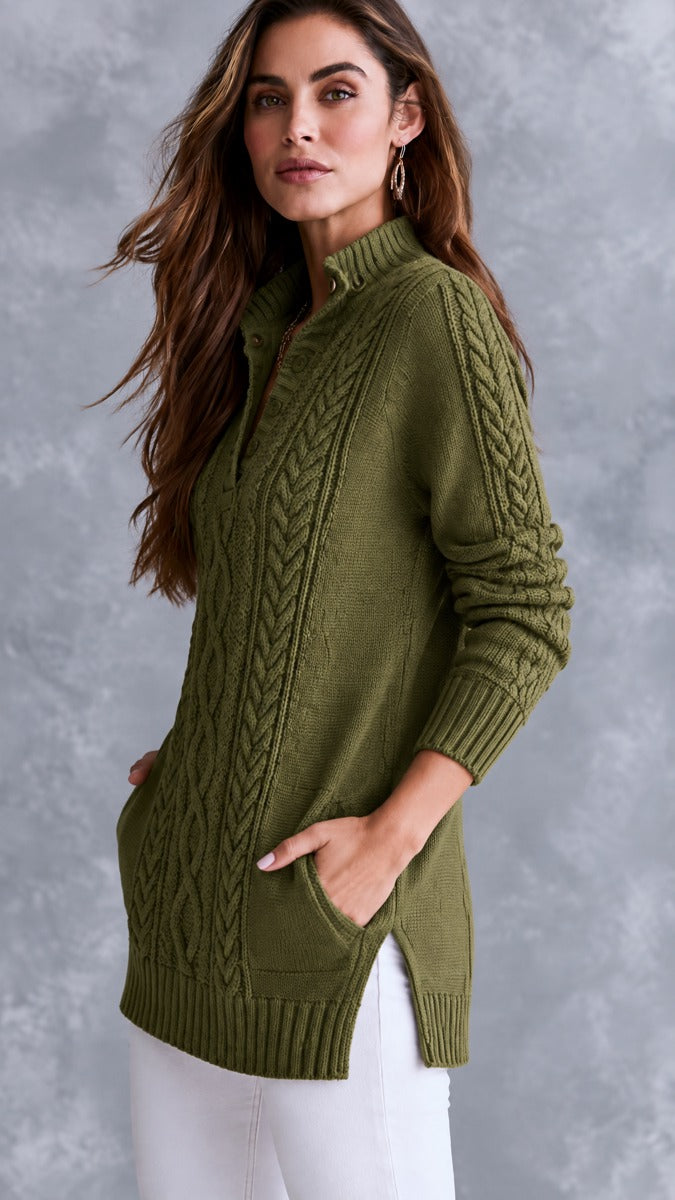 Vintage Stand Collar American Cable Knit Henley Sweater With Pockets