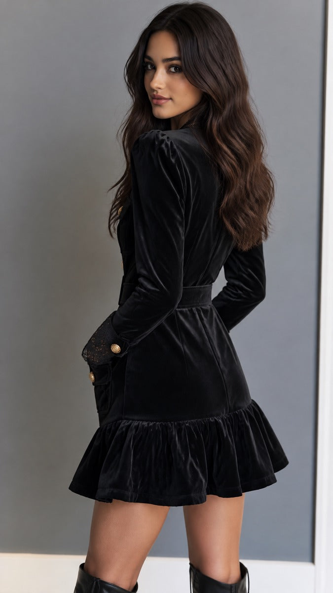 Retro Black Velvet Double Breasted Mini Dress With Lace Trim& Belted