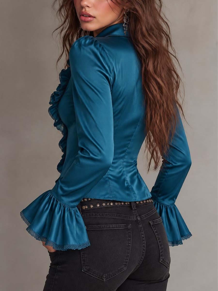 Vintage Teal-blue Satin Ruffle Trim Blouse With Flare Cuff Long Sleeve
