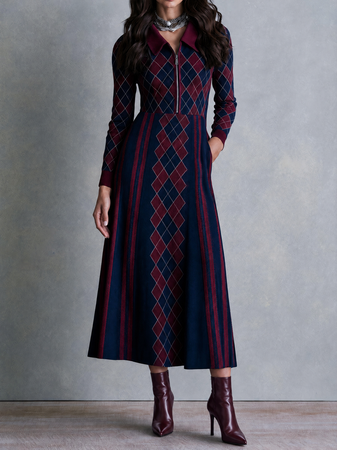 Argyle Knit Half-Zip Collared Midi Sweater Dress
