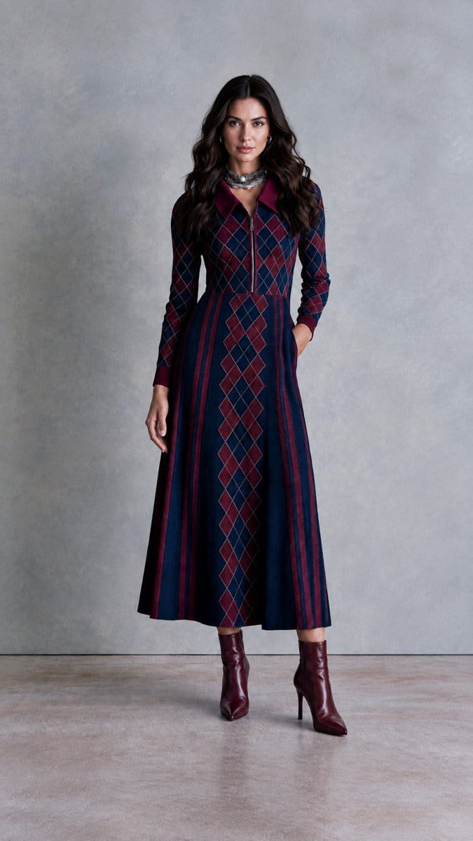 Argyle Knit Half-Zip Collared Midi Sweater Dress