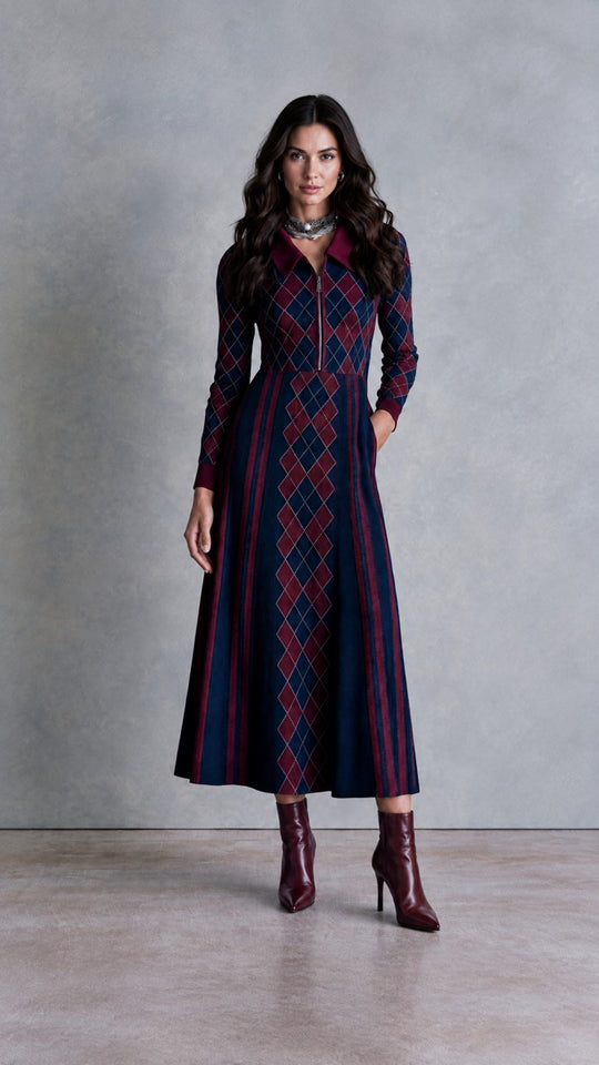 Argyle Knit Half-Zip Collared Midi Sweater Dress