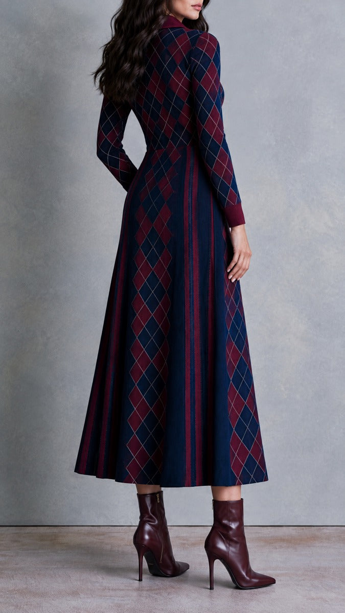 Argyle Knit Half-Zip Collared Midi Sweater Dress