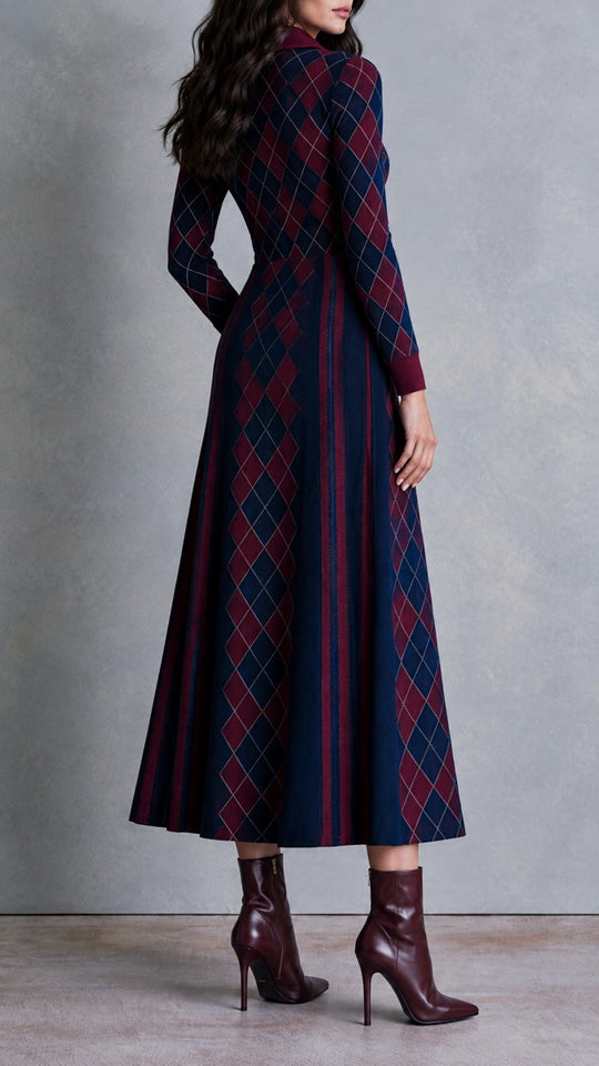Argyle Knit Half-Zip Collared Midi Sweater Dress