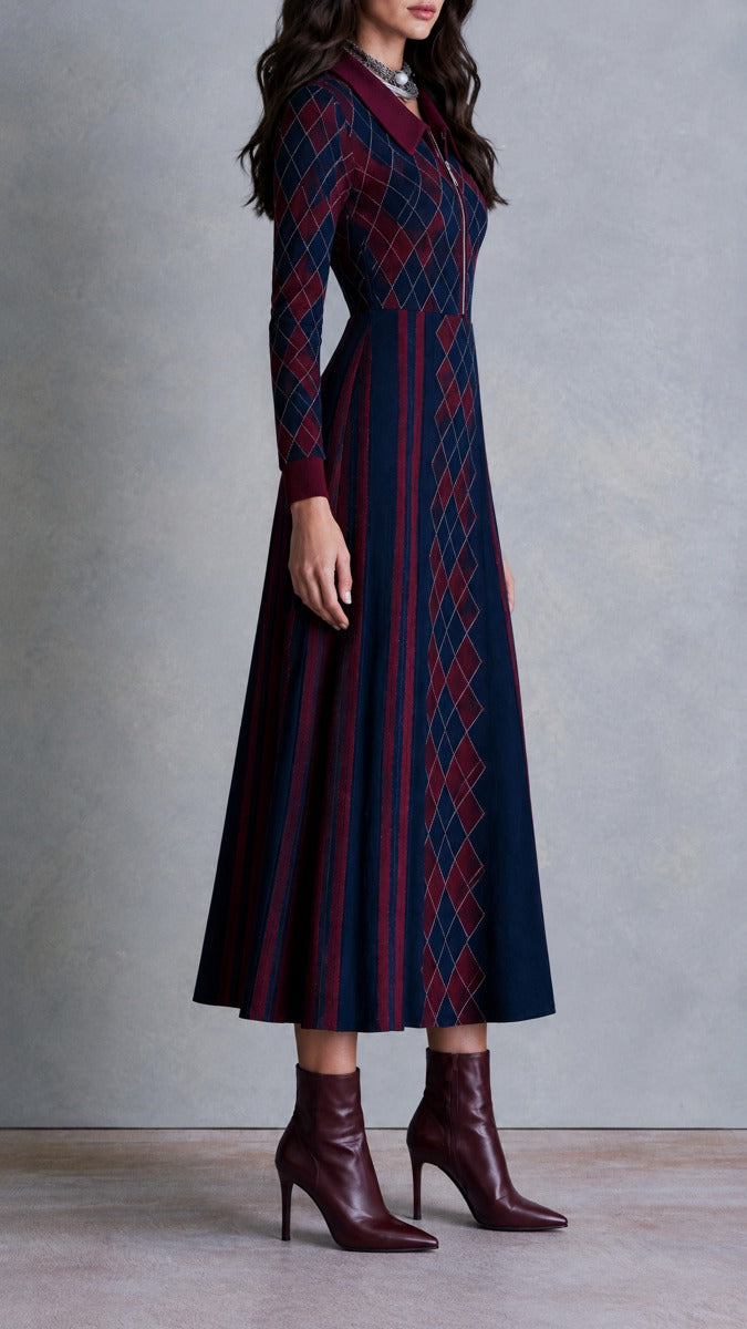 Argyle Knit Half-Zip Collared Midi Sweater Dress