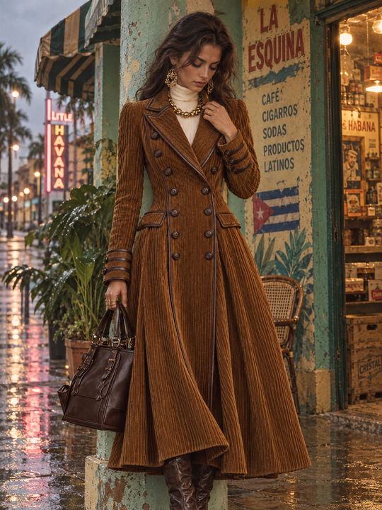 Women's Double-Breasted Corduroy Long Coat with Leather Trim